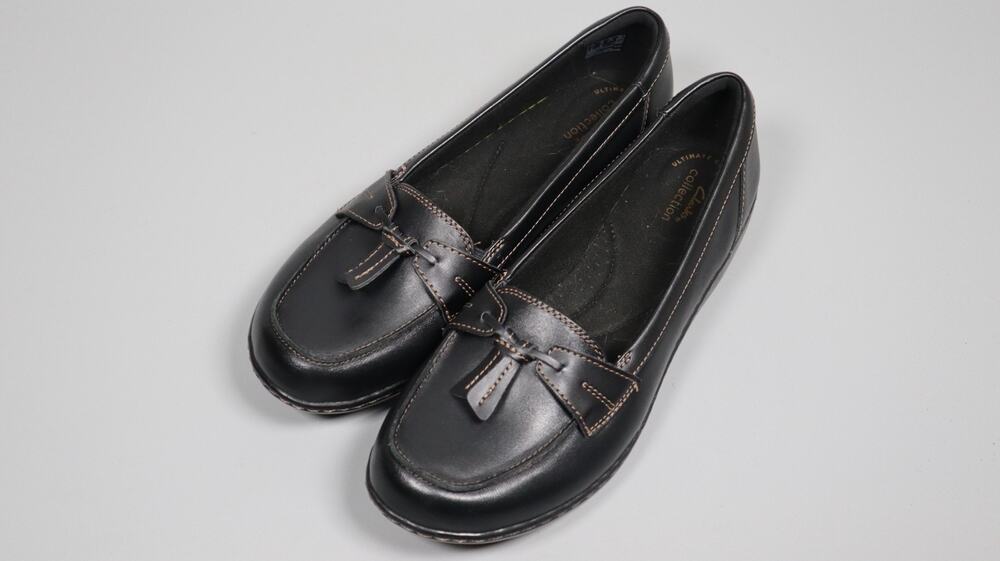 Clarks Women's Ashland Bubble Slip On Loafers Black Leather Shoes Size 10 Wide